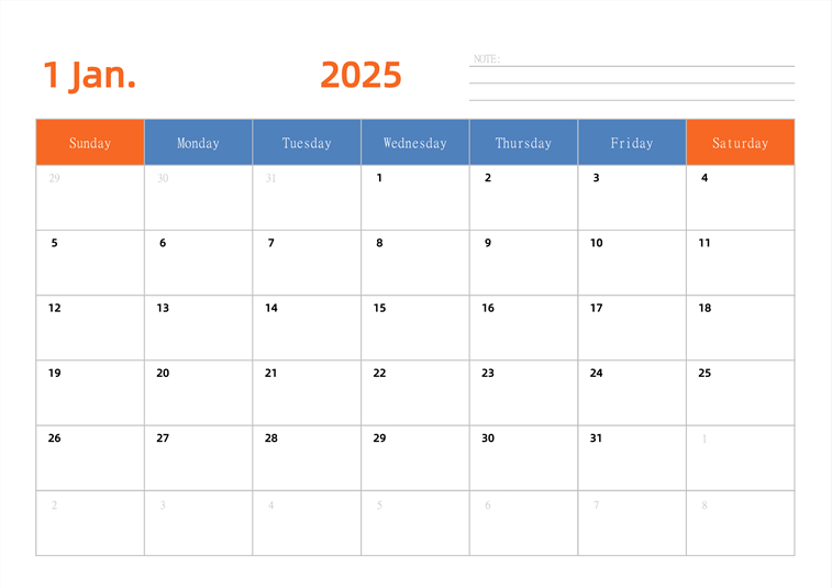 2025年日历台历 英文版 横向排版 周日开始